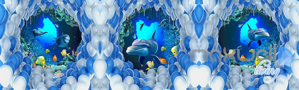 3D Dophins Pass Through White Blue Ballon Entire Living Room Wallpaper Wall Mural Decal Art IDCQW-000303