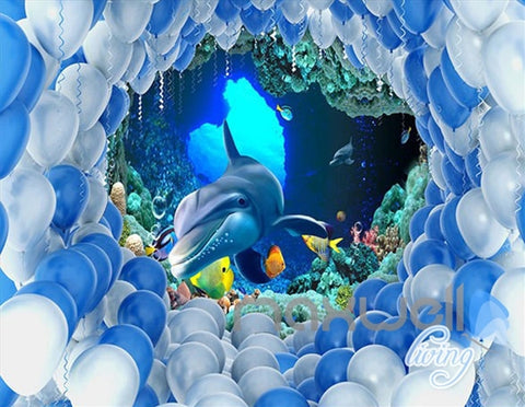 Image of 3D Dophins Pass Through White Blue Ballon Entire Living Room Wallpaper Wall Mural Decal Art IDCQW-000303