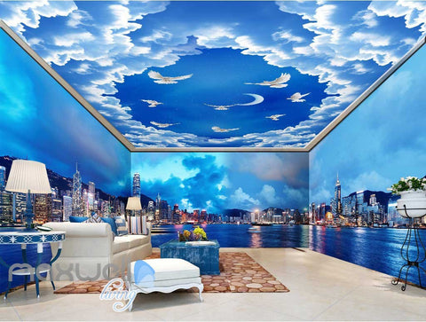 Image of 3D Modern City Cloud Sky Wall Murals Wallpaper Decals Art Print IDCQW-000316