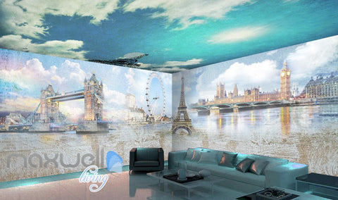 Image of 3D Paris Tower Big Ben London Painting Wall Murals Wallpaper Decals Art Print Decor IDCQW-000323