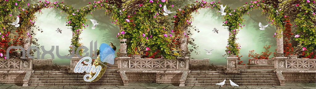 3D Peacock Arch Garden Stairs Wall Murals Wallpaper Decals Art Print Decor IDCQW-000324