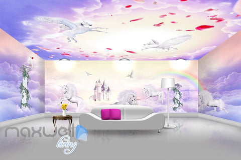 Image of 3D Unicorn Rainbow Castle Wall Murals Wallpaper Wall Paper Decals Art Print Decor IDCQW-000327