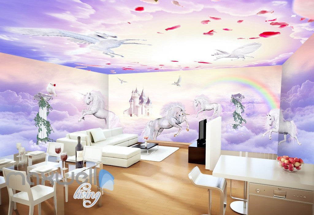 3D Unicorn Rainbow Castle Wall Murals Wallpaper Wall Paper Decals Art Print Decor IDCQW-000327