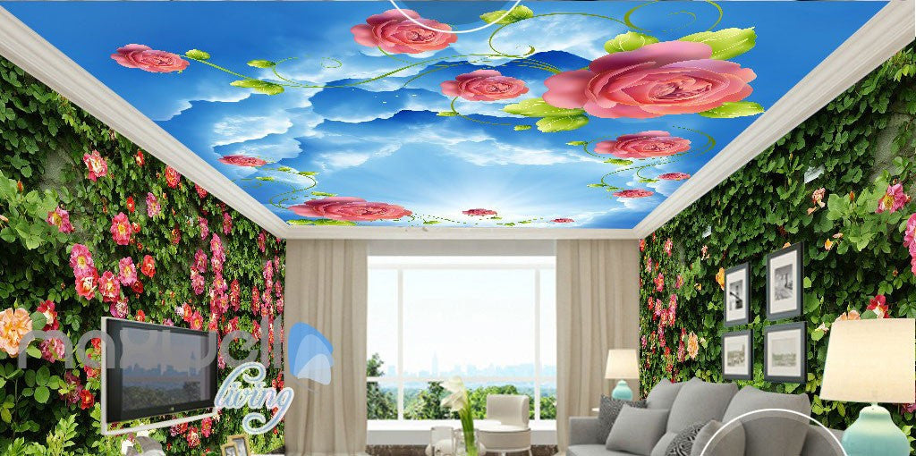 3D Roses Green Wall Entire Room Wall Murals Wallpaper Paper Decals Art Print Decor IDCQW-000333