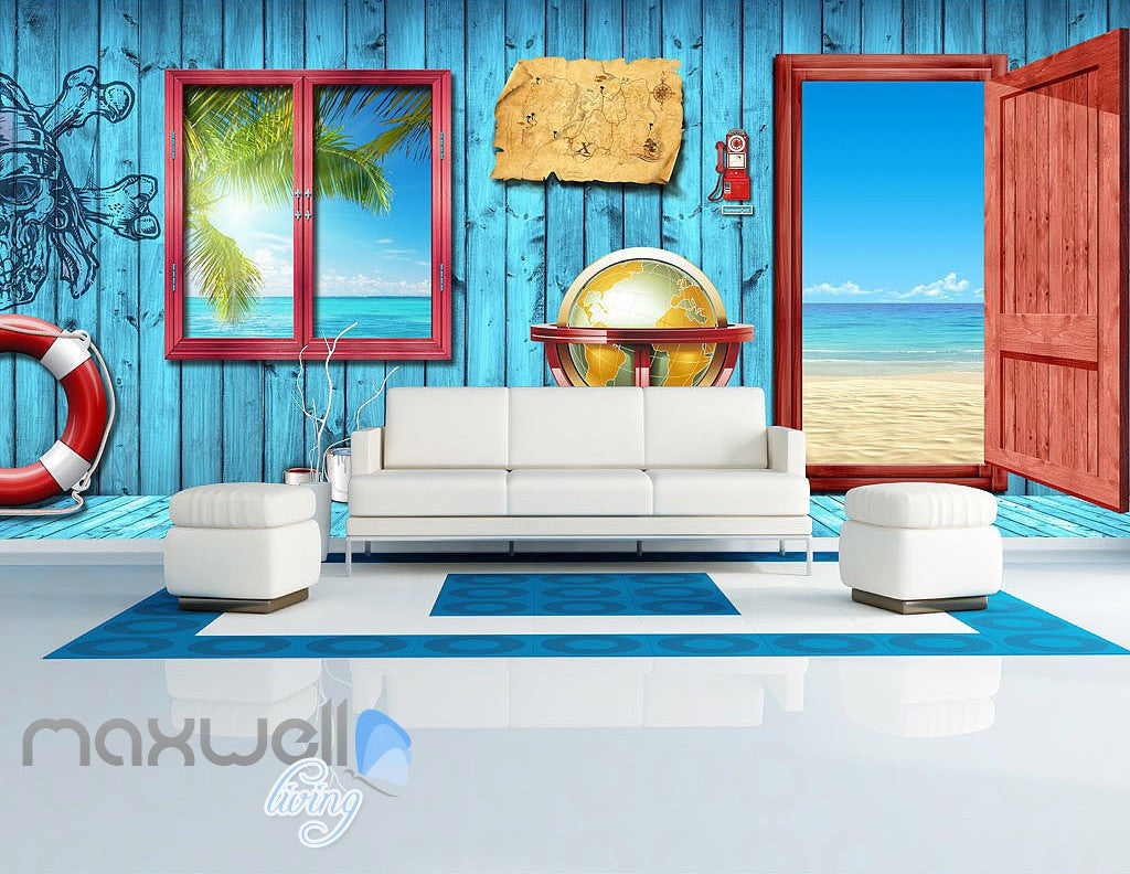 3D Blue Beach Side Cabin Window Wall Murals Wallpaper Paper Art Print Decor  IDCQW-000337