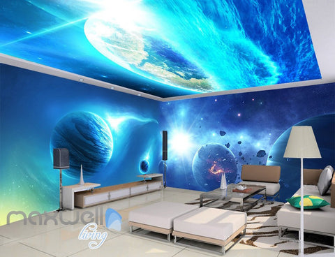 Image of 3D Blue Planet Universe Wall Murals Wallpaper Paper Art Print Decor IDCQW-000341