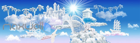 Image of 3D Clouds Castle Fantacy Unicorn Wall Mural Wallpaper Paper Art Print Decor IDCQW-000344