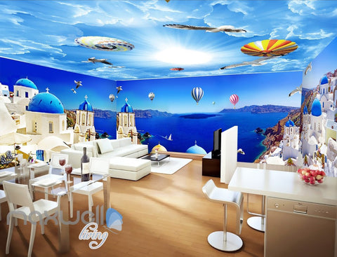 Image of 3D Blue Ocean Hot Air Ballon Wall Mural Wallpaper Paper Art Print Decor IDCQW-000345