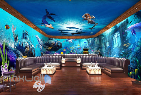 Image of 3D Underwater Mermaid Dophin Wall Murals Wallpaper Paper Art Print Decor IDCQW-000348