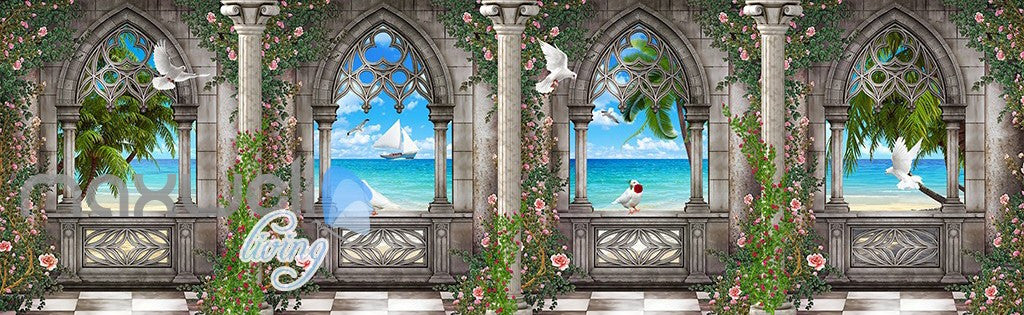 3D Arch Window Ocean View Sky Ceiling Wall Murals Wallpaper Art Print Decor IDCQW-000360