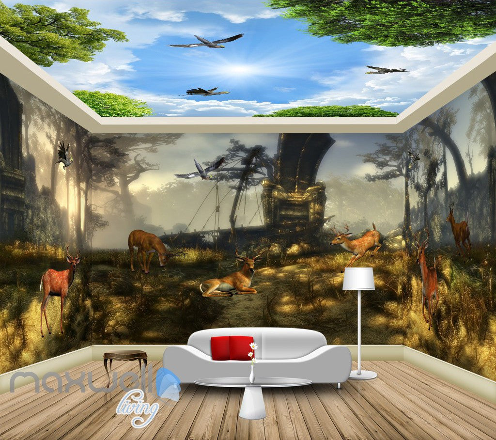 3D Wrecked Boat Deer Forest Wall Murals Wallpaper Paper Art Print Decor IDCQW-000375