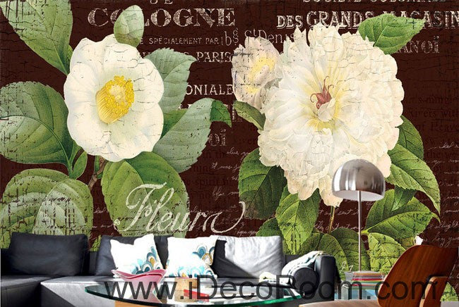 White Flower Camellia Vintage 000001 Wallpaper Wall Decals Wall Art Print Mural Home Decor Gift Office Business