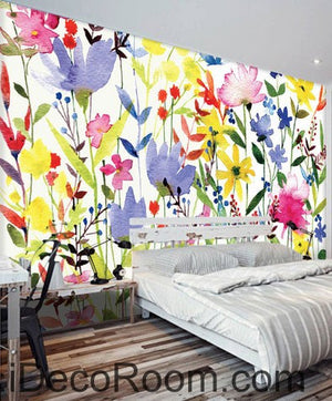 Purple Pink Yellow Flowers Watercolor 000006 Wallpaper Wall Decals Wall Art Print Mural Home Decor Gift Office Business