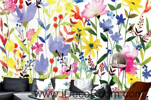 Purple Pink Yellow Flowers Watercolor 000006 Wallpaper Wall Decals Wall Art Print Mural Home Decor Gift Office Business