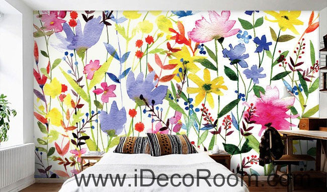 Purple Pink Yellow Flowers Watercolor 000006 Wallpaper Wall Decals Wall Art Print Mural Home Decor Gift Office Business