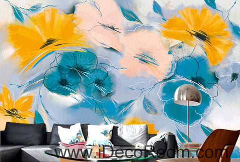 Image of Abstract Blue Yellow Flowers 000007 Wallpaper Wall Decals Wall Art Print Mural Home Decor Gift Office Business