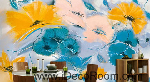 Image of Abstract Blue Yellow Flowers 000007 Wallpaper Wall Decals Wall Art Print Mural Home Decor Gift Office Business