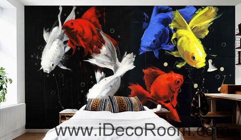 Golden Fish Yellow Blue Red Modern 000010 Wallpaper Wall Decals Wall Art Print Mural Home Decor Gift Office Business