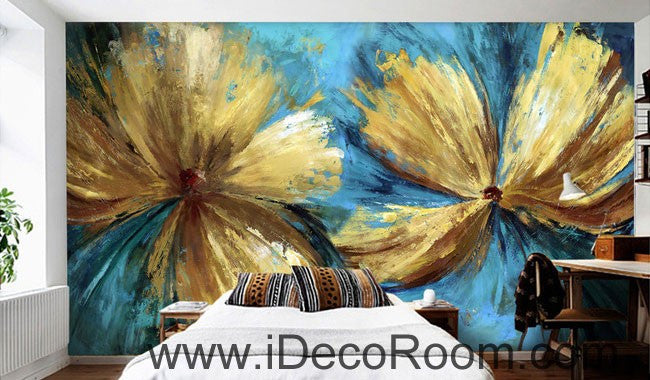 Abstract Golden Flowers 000017 Wallpaper Wall Decals Wall Art Print Mural Home Decor Gift Office Business