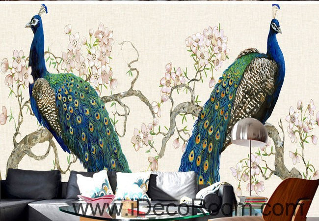 Peacock on Peach Blossom Tree 000023 Wallpaper animals Wall Decals Wall Art Print Mural Home Decor Gift Office Business