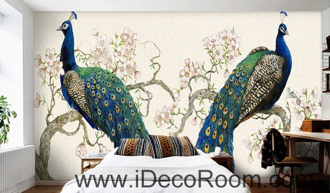 Peacock on Peach Blossom Tree 000023 Wallpaper animals Wall Decals Wall Art Print Mural Home Decor Gift Office Business