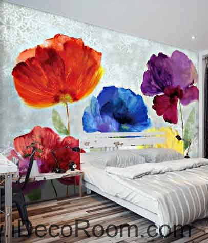 Abstract Watercolor Red Blue Purple Flower Wallpaper Wall Decals Wall Art Print Mural Home Decor Gift Office Business