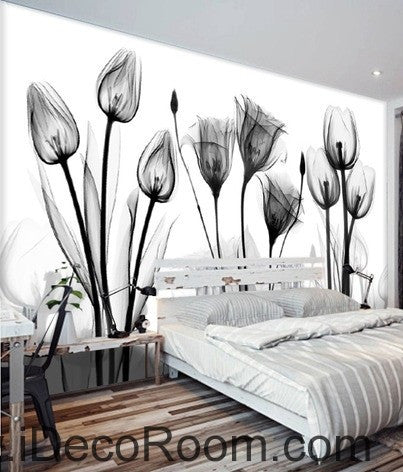 White and black flower illustration IDCWP-000038 Wallpaper Wall Decals Wall Art Print Mural Home Decor Gift