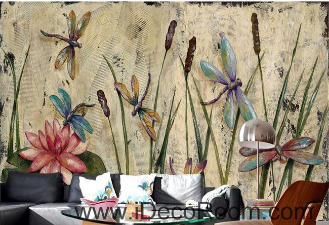 Water lily dragonfly flower illustration IDCWP-000039 Wallpaper Wall Decals Wall Art Print Mural Home Decor Gift