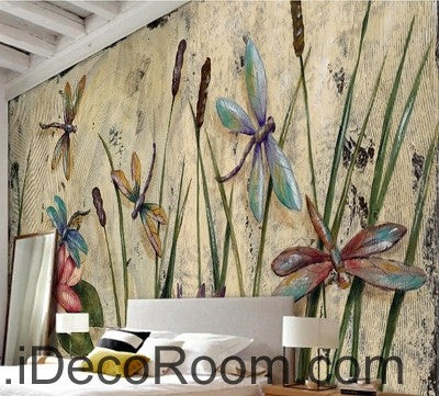 Image of Water lily dragonfly flower illustration IDCWP-000039 Wallpaper Wall Decals Wall Art Print Mural Home Decor Gift