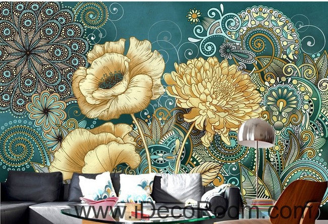 Colorful flower illustration IDCWP-000040 Wallpaper Wall Decals Wall Art Print Mural Home Decor Gift