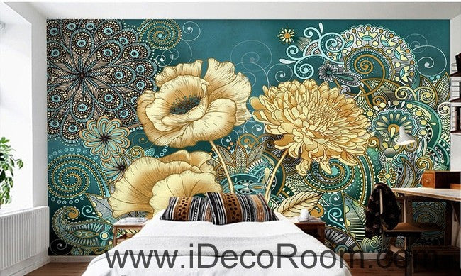 Colorful flower illustration IDCWP-000040 Wallpaper Wall Decals Wall Art Print Mural Home Decor Gift