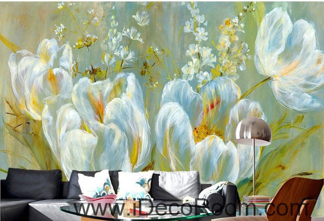 Colorful white flower illustration IDCWP-000048 Wallpaper Wall Decals Wall Art Print Mural Home Decor Gift