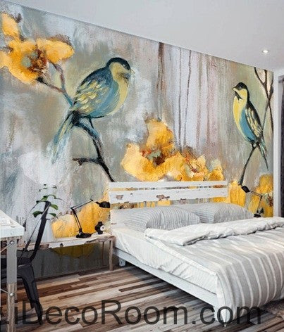 Image of Birds Branch Yellow Flower Illustration IDCWP-000051 Wallpaper Wall Decals Wall Art Print Mural Home Decor Gift