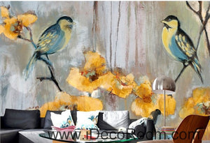 Birds Branch Yellow Flower Illustration IDCWP-000051 Wallpaper Wall Decals Wall Art Print Mural Home Decor Gift
