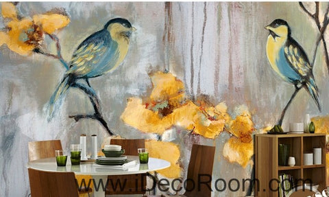 Image of Birds Branch Yellow Flower Illustration IDCWP-000051 Wallpaper Wall Decals Wall Art Print Mural Home Decor Gift