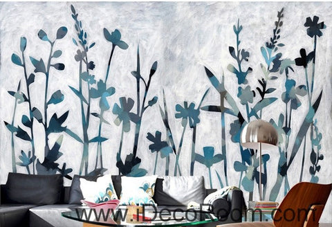 Image of Blue Wild Flower Grass Modern Art IDCWP-000052 Wallpaper Wall Decals Wall Art Print Mural Home Decor Gift