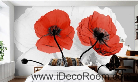 Image of Two Red Poppy Flower Illustraion IDCWP-000054 Wallpaper Wall Decals Wall Art Print Mural Home Decor Gift