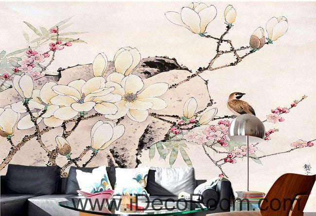 Flower Blooming Birds Rock Japaness Style IDCWP-000055 Wallpaper Wall Decals Wall Art Print Mural Home Decor Gift