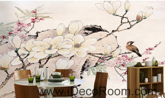 Flower Blooming Birds Rock Japaness Style IDCWP-000055 Wallpaper Wall Decals Wall Art Print Mural Home Decor Gift