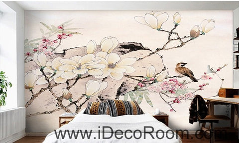 Image of Flower Blooming Birds Rock Japaness Style IDCWP-000055 Wallpaper Wall Decals Wall Art Print Mural Home Decor Gift