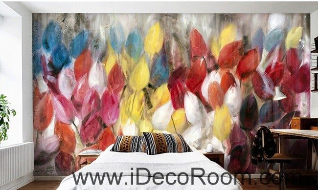 Abstract Yellow Red Pink Tulips Flower IDCWP-000061 Wallpaper Wall Decals Wall Art Print Mural Home Decor Gift