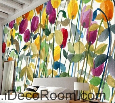 Image of Abstract Poppy Flower Yellow Red Purple IDCWP-000062 Wallpaper Wall Decals Wall Art Print Mural Home Decor Gift
