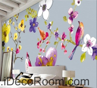 Image of Flower Birds Branch IDCWP-000064 Wallpaper Wall Decals Wall Art Print Mural Home Decor Gift