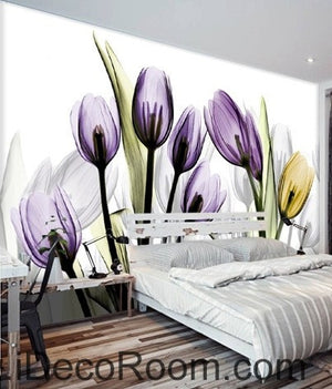 Transparent Purple Yellow Tulips Flower IDCWP-000066 Wallpaper Wall Decals Wall Art Print Mural Home Decor Gift