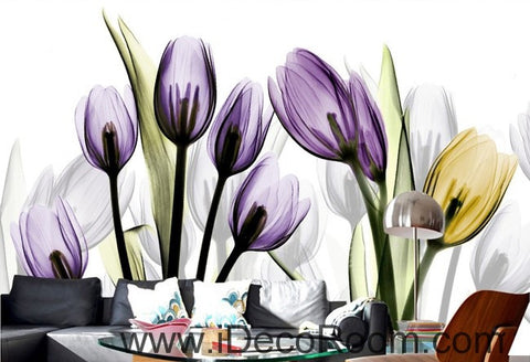 Image of Transparent Purple Yellow Tulips Flower IDCWP-000066 Wallpaper Wall Decals Wall Art Print Mural Home Decor Gift