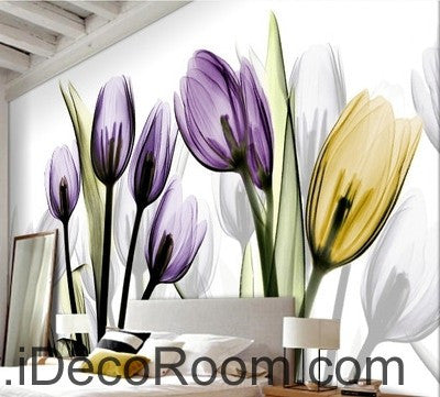 Image of Transparent Purple Yellow Tulips Flower IDCWP-000066 Wallpaper Wall Decals Wall Art Print Mural Home Decor Gift