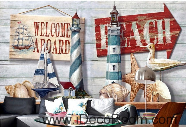 Retro Light House Sail Boat Shell Beach IDCWP-000069 Wallpaper Wall Decals Wall Art Print Mural Home Decor Gift