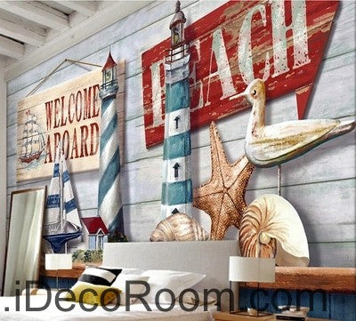 Image of Retro Light House Sail Boat Shell Beach IDCWP-000069 Wallpaper Wall Decals Wall Art Print Mural Home Decor Gift