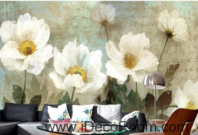 Retro White Flowers IDCWP-000070 Wallpaper Wall Decals Wall Art Print Mural Home Decor Gift