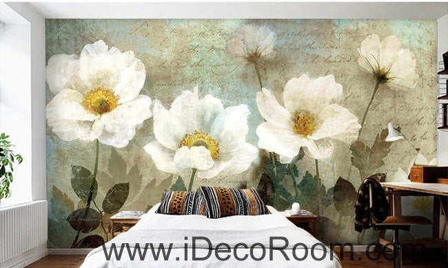 Retro White Flowers IDCWP-000070 Wallpaper Wall Decals Wall Art Print Mural Home Decor Gift